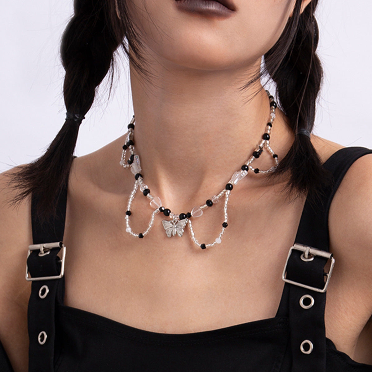Sweet Minimalist Heart Butterfly Imitation Pearl Ball Chain Necklace for Women