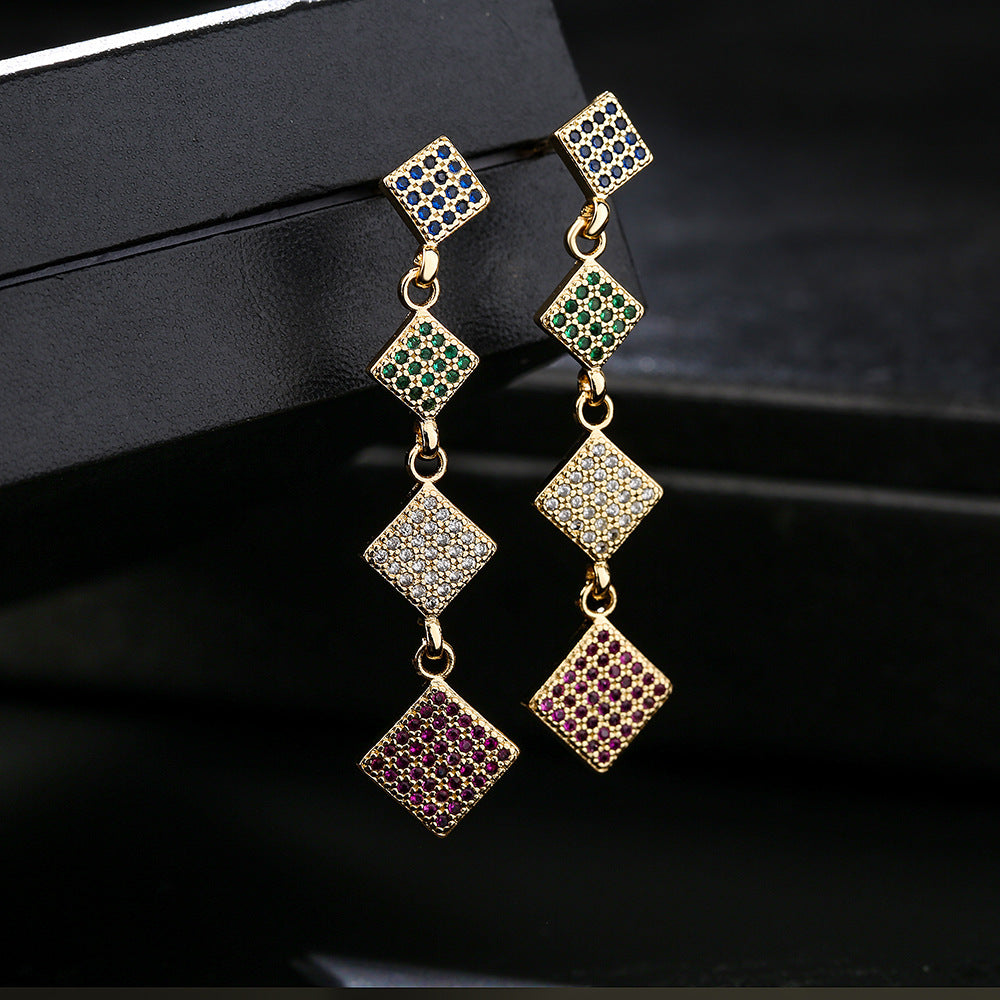 Minimalist Geometric Copper Stud Earrings with 18K Gold Plating and Colored Zirconia