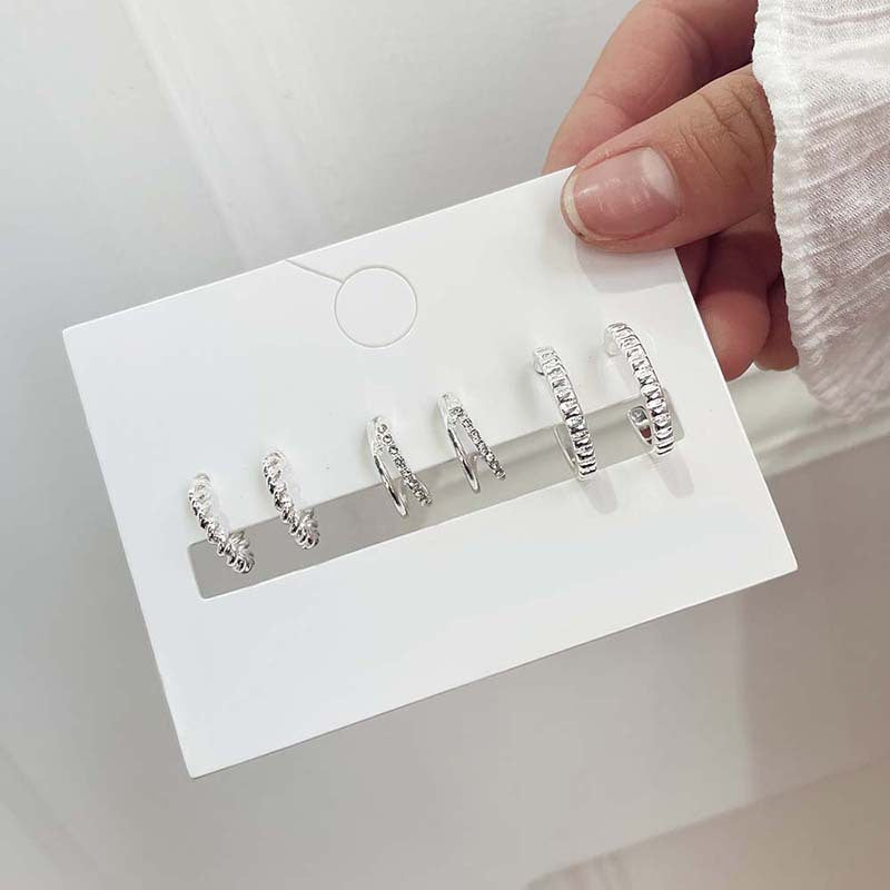 Minimalist Geometric Round Rhinestone Inlay Alloy C-Shaped Stud Earrings Set