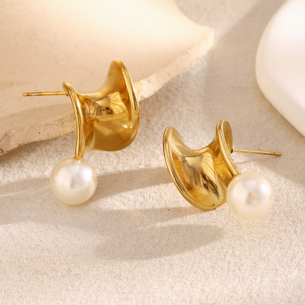 Elegant Geometric Stainless Steel Earrings with 18K Gold Plating and Twisted Pearl Accent for Women