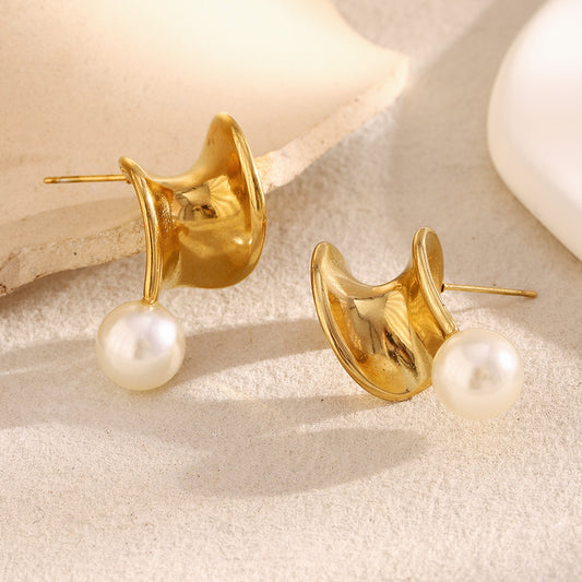 Elegantes Pendientes Geométricos de Acero Inoxidable con Baño de Oro de 18K y Perla Trenzada para Mujer