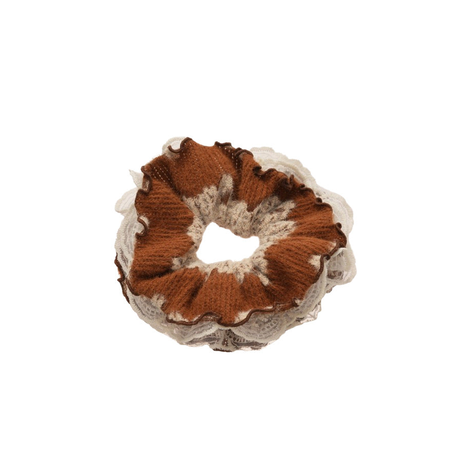 Elegant French-Style Fabric Hair Tie with Lace Trim, High-Elasticity Spiral Scrunchie for Women, Geometric Round Design, Luxury Casual Office Accessory