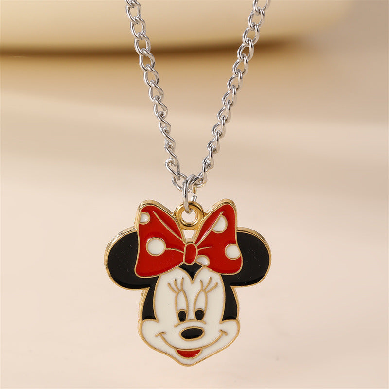 Cartoon Minnie Mouse and Mickey Mouse Resin Pendant Necklace with Bowknot Shape, Enamel Finish, Round Bead Chain, for Kids and Children