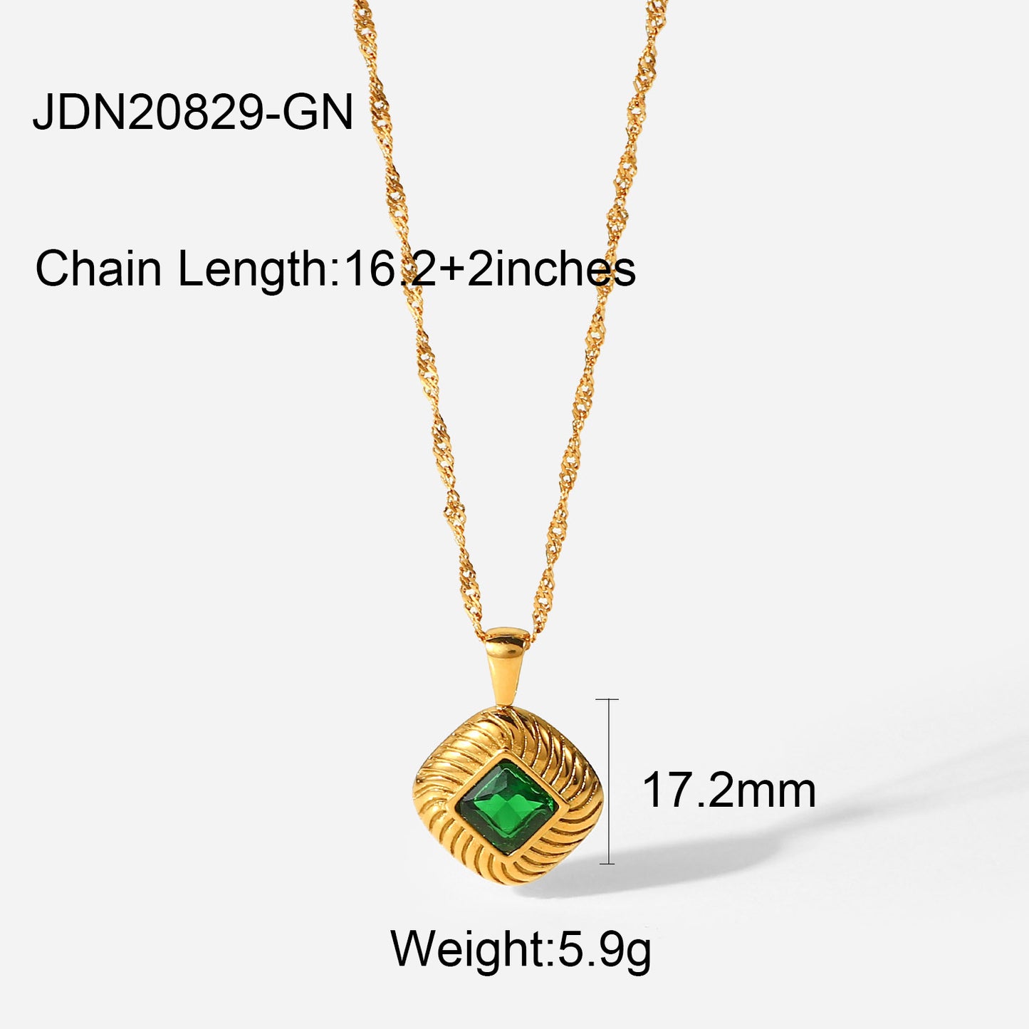 INS Style Stainless Steel Necklace with 18K Gold Plated Square Textured Button Pendant and White Pink or Green Cubic Zirconia for Women