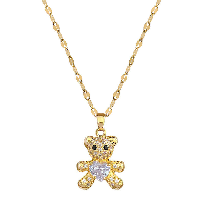 Bear Pendant Necklace and Earrings Set Titanium Steel Geometric Luxury Sweet Party Jewelry