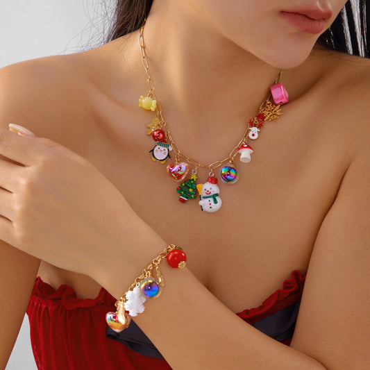 Conjunto de collar y pulsera de mujer de moda con diseño de árbol de Navidad, copo de nieve, reno y campana, chapado en aleación con diamantes de imitación
