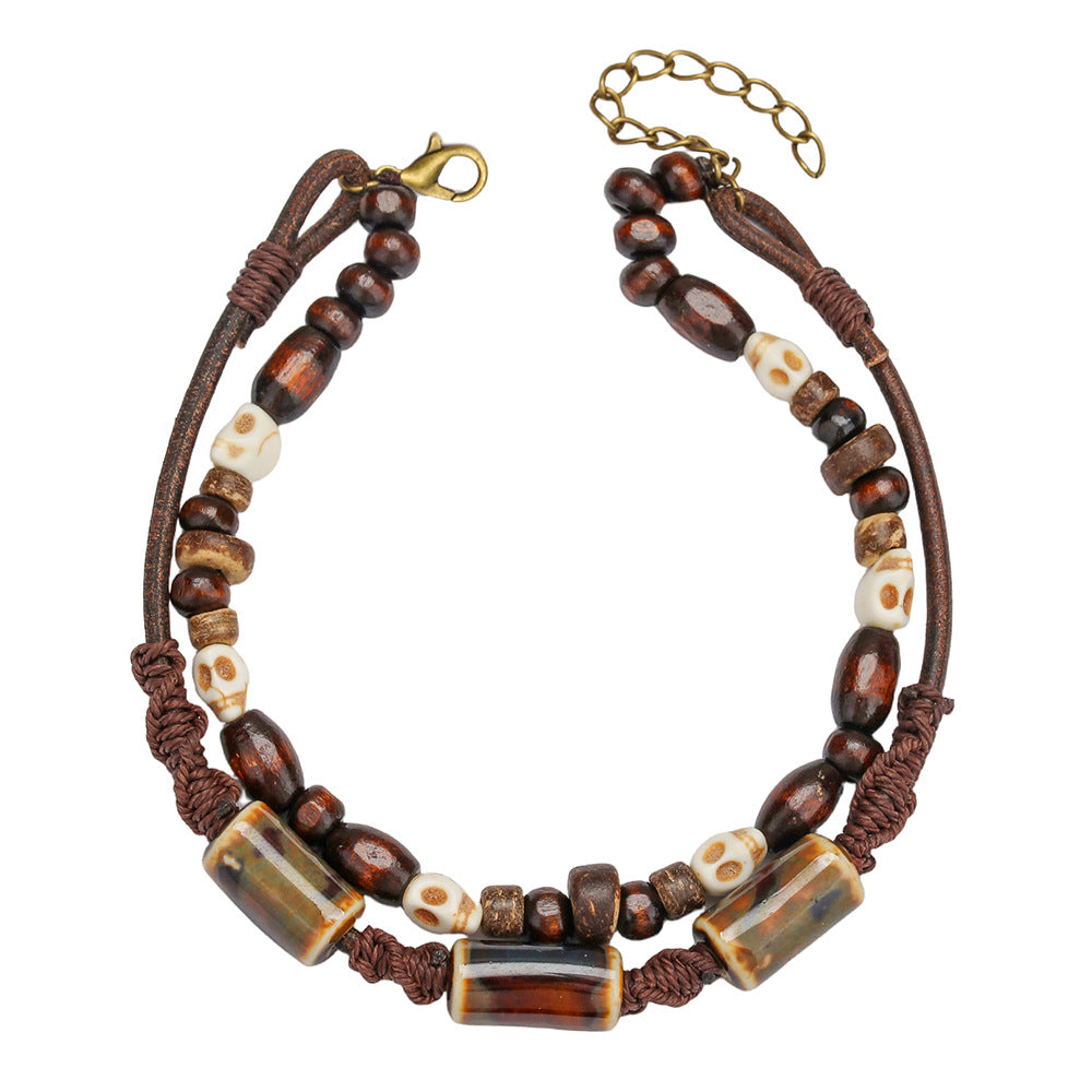 Men's Casual Double Layer Leather Bracelet with Geometric Skull Wood Beads and Turquoise