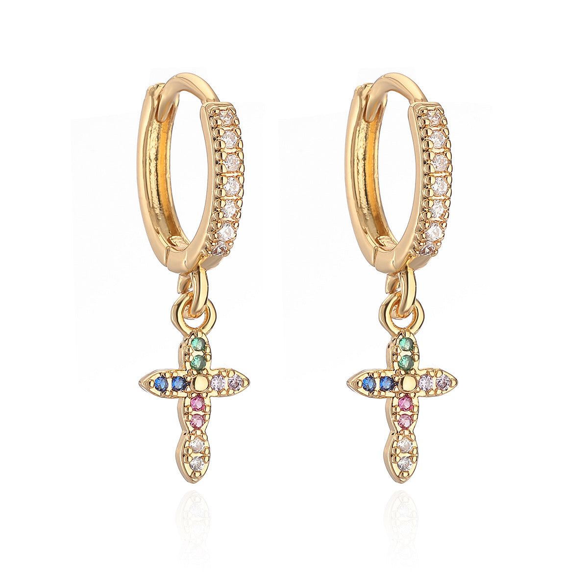 Minimalist Cross Pendant Earrings for Women Made of Brass with Real Gold Plating and Zircon Inlay