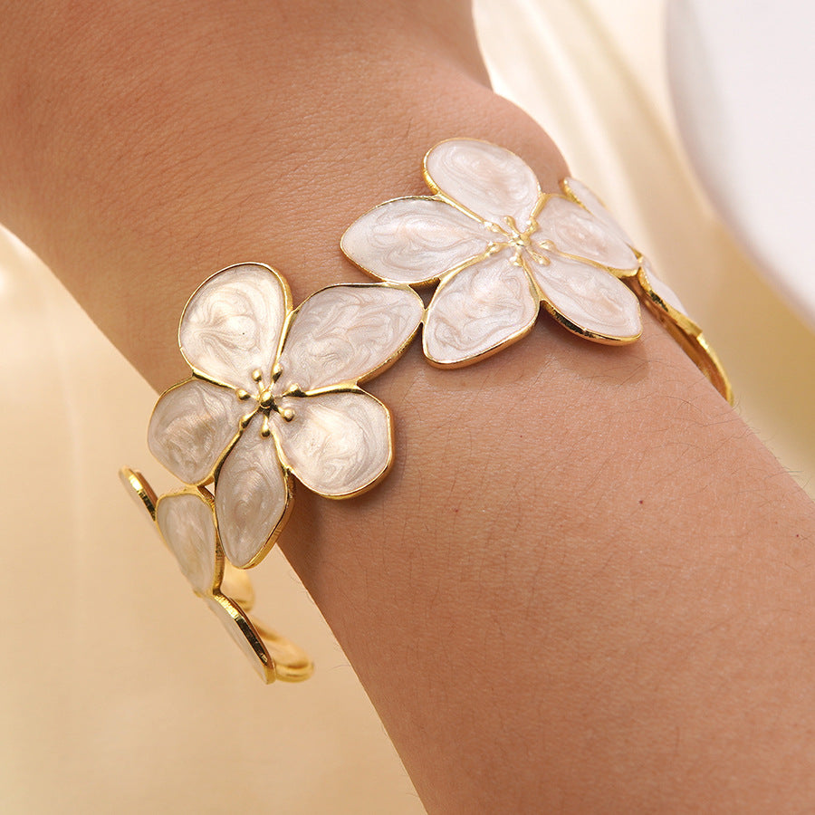 Geometric Floral Drip Oil Stainless Steel Open Cuff Bracelet for Women