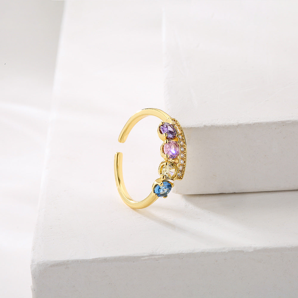 Anello Aperto Geometrico Minimalista da Donna in Rame con Placcatura in Oro e Intarsio di Zirconi Arcobaleno