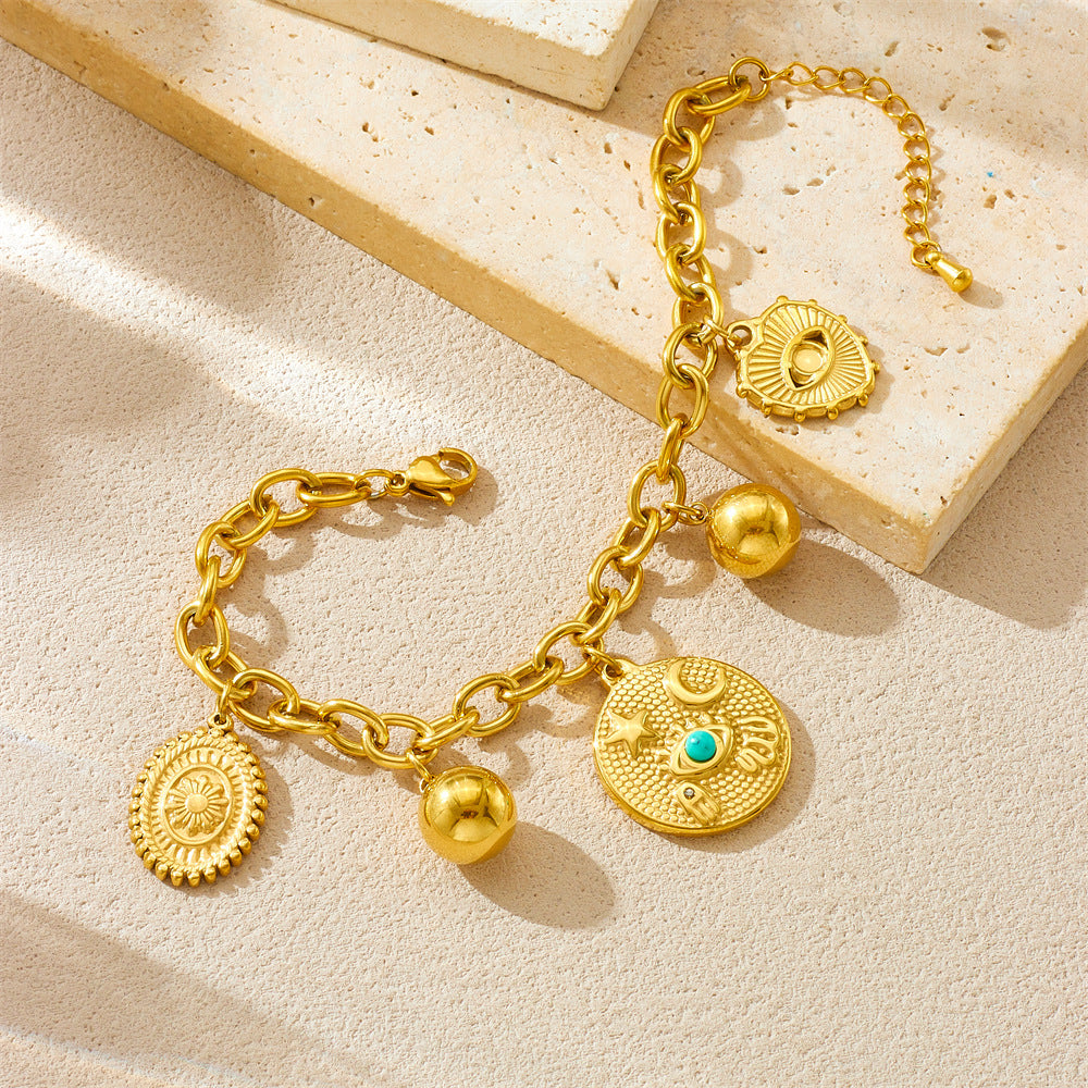 Vintage Style Heart-Shaped Turquoise-Eye Star Moon Oval Pendant Stainless Steel Bracelet with Plating Finish