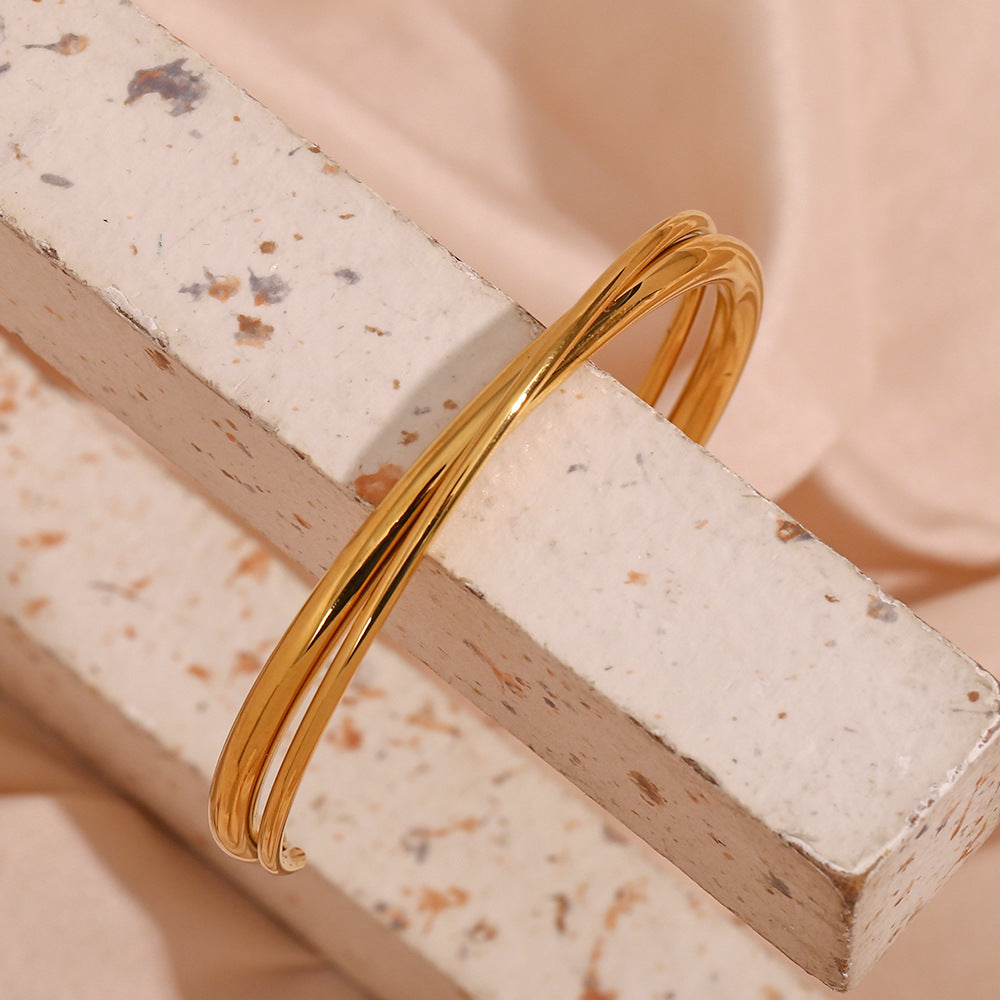 Minimalist Fashion Bracelet for Women Stainless Steel Double-Layer Cross-Over Cuff with 18K Gold Plating