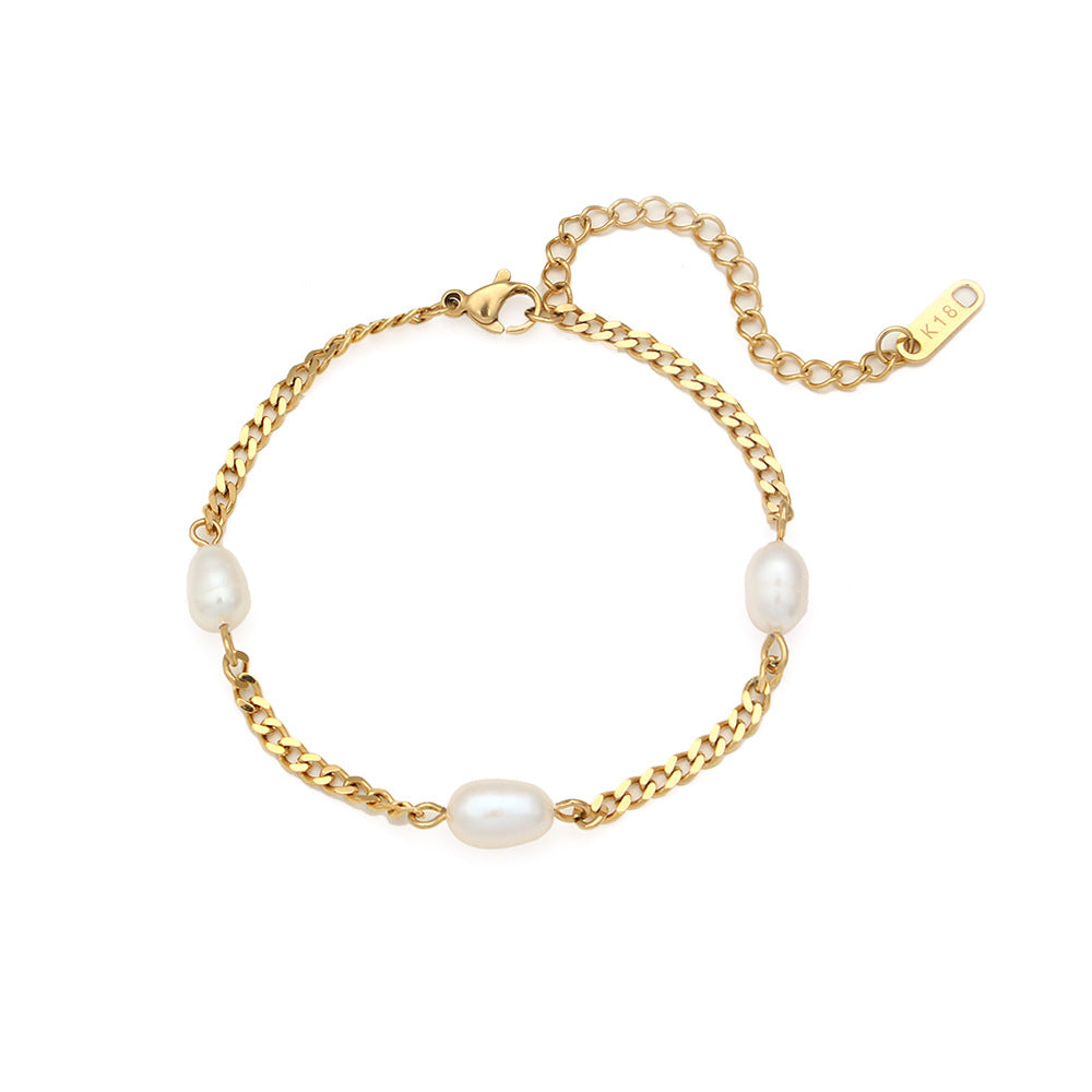Fashion OL Geometric Stainless Steel Plated Cuban Bracelet with Three Pearls for Women