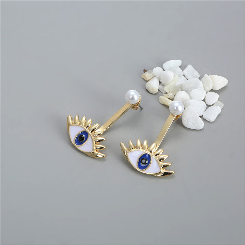 Exaggerated Evil Eye Pendant Alloy Earrings with Blue Enamel Eyes and Pearl Accents for Women