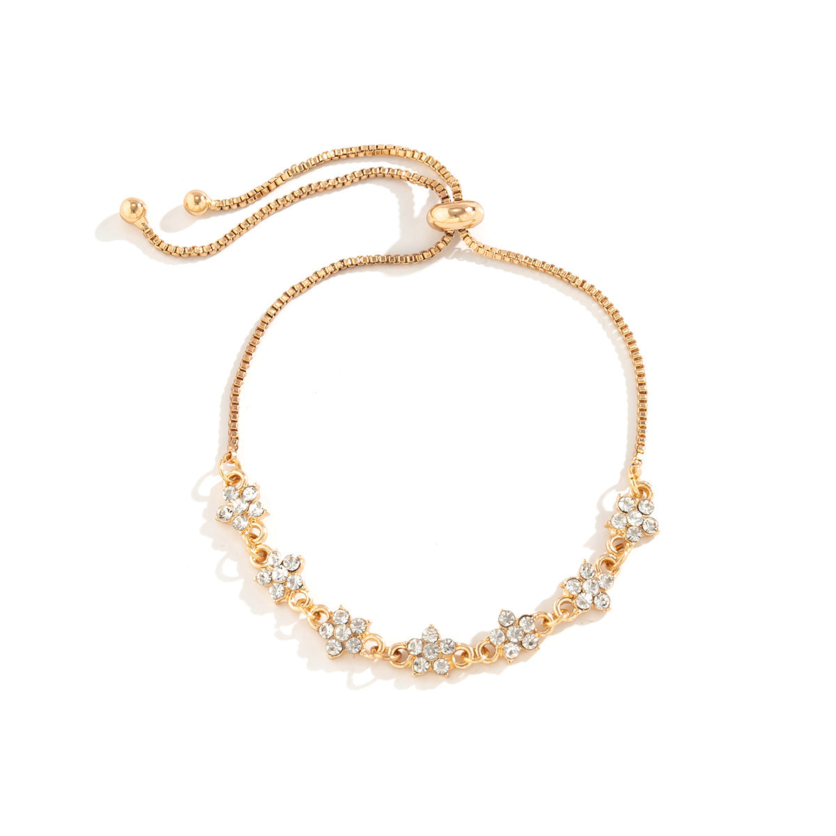 Minimalist Floral and Star-Shaped Alloy Bracelet with Micro-Pavé Rhinestones on Adjustable Box Chain for Women