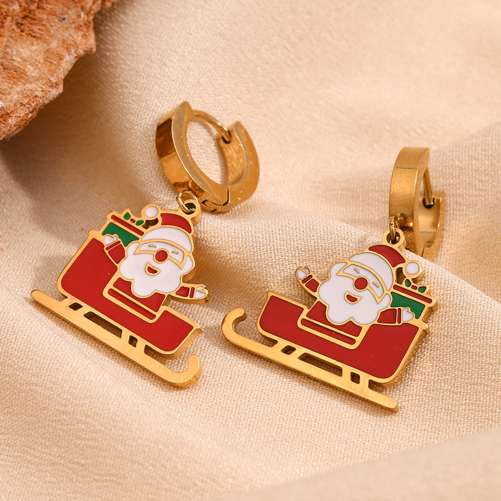 Fashionable Cartoon Santa Claus Sled Earrings in Stainless Steel with 18K Gold Plating and Enamel Finish for Christmas