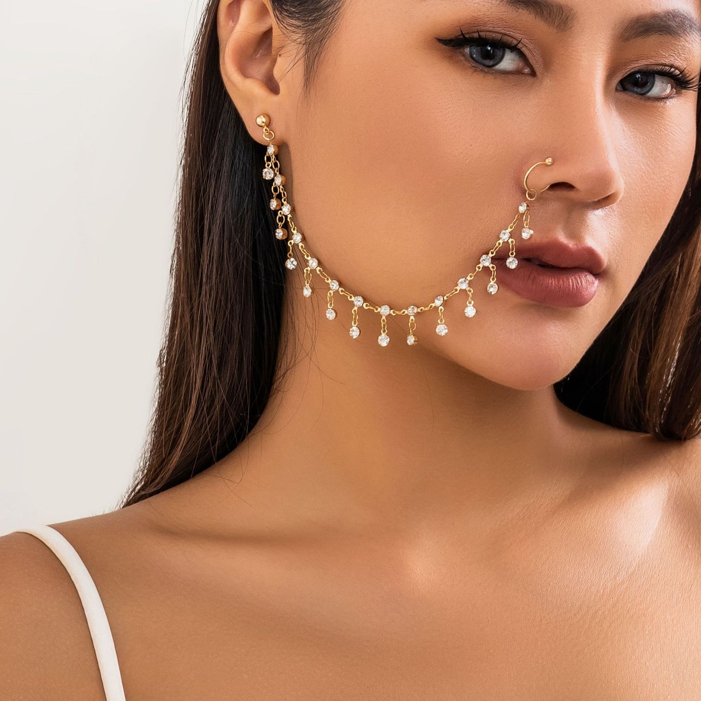 Pendientes de botón geométricos Punk Chic con pedrería, borla y cadena para mujer