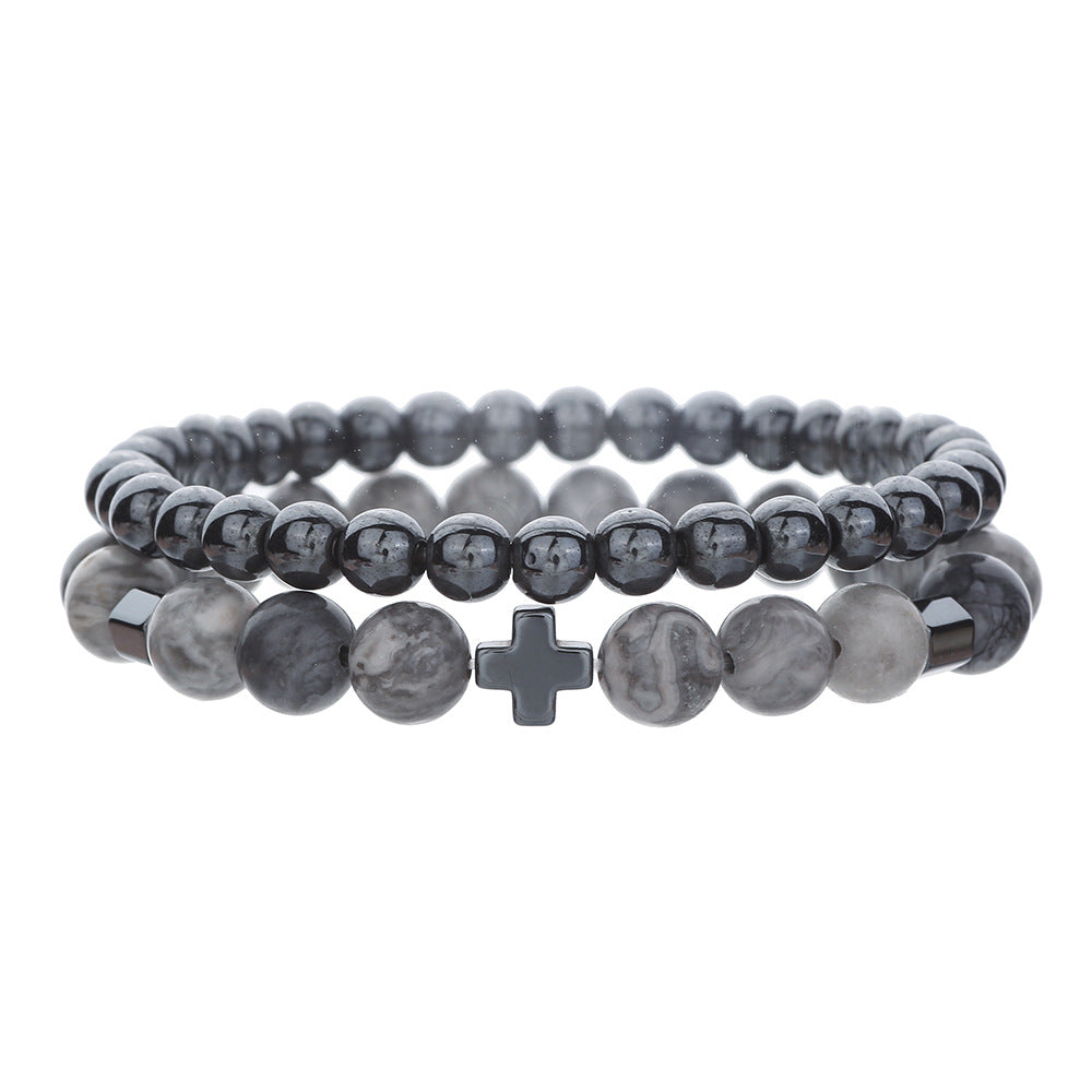 Minimalist Blue Dot Blue Tiger Eye Round Beaded Stretch Bracelet Set with Cubic Zirconia