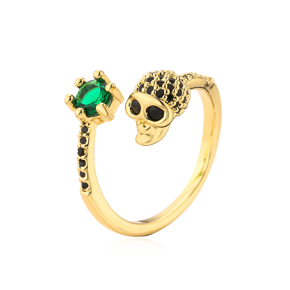 Punk Style Skull-Shaped Geometric Ring in Copper with Gold Plating and Zircon Inlay for Women