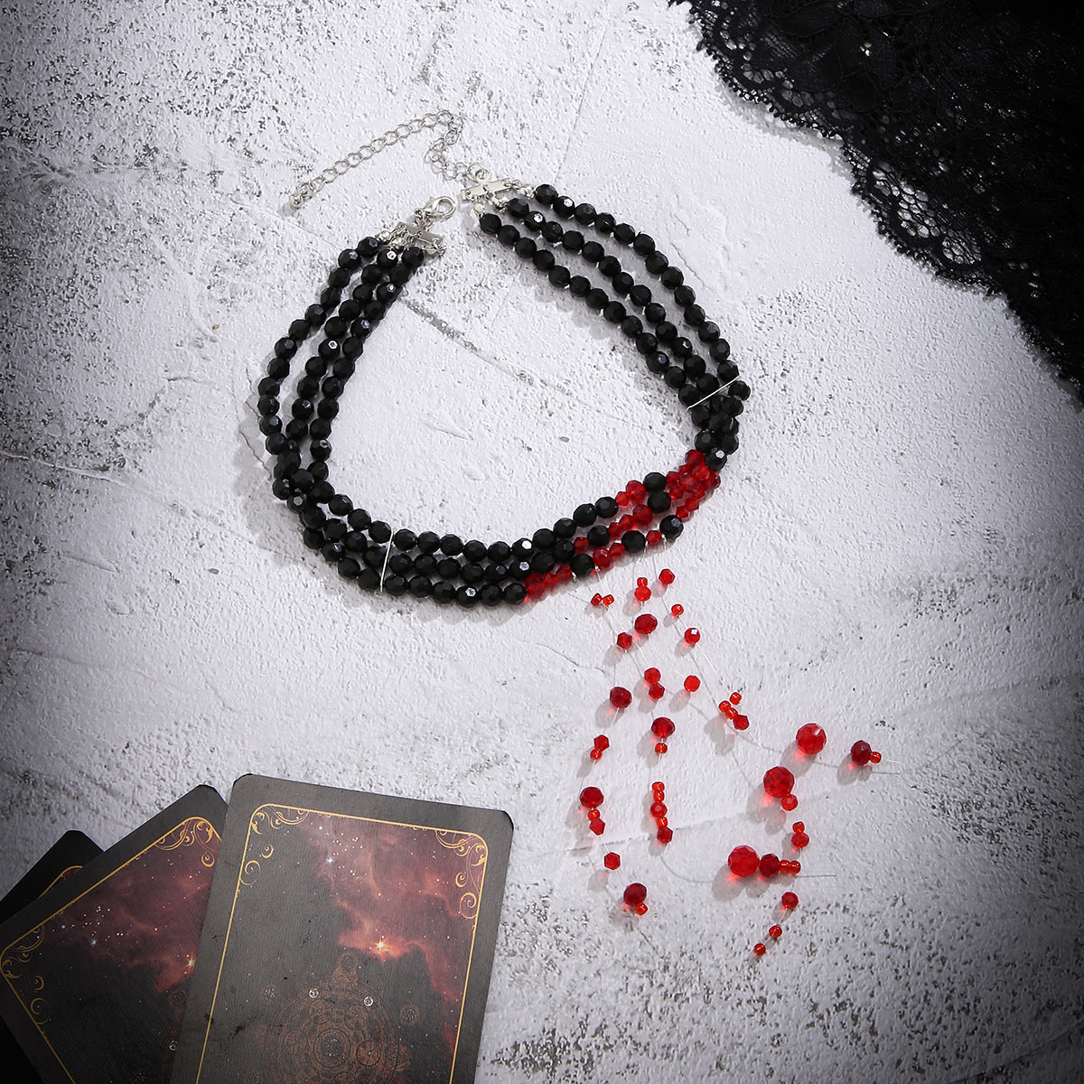 Gothic Red Teardrop Crystal Beaded Choker Necklace with Tassel for Women