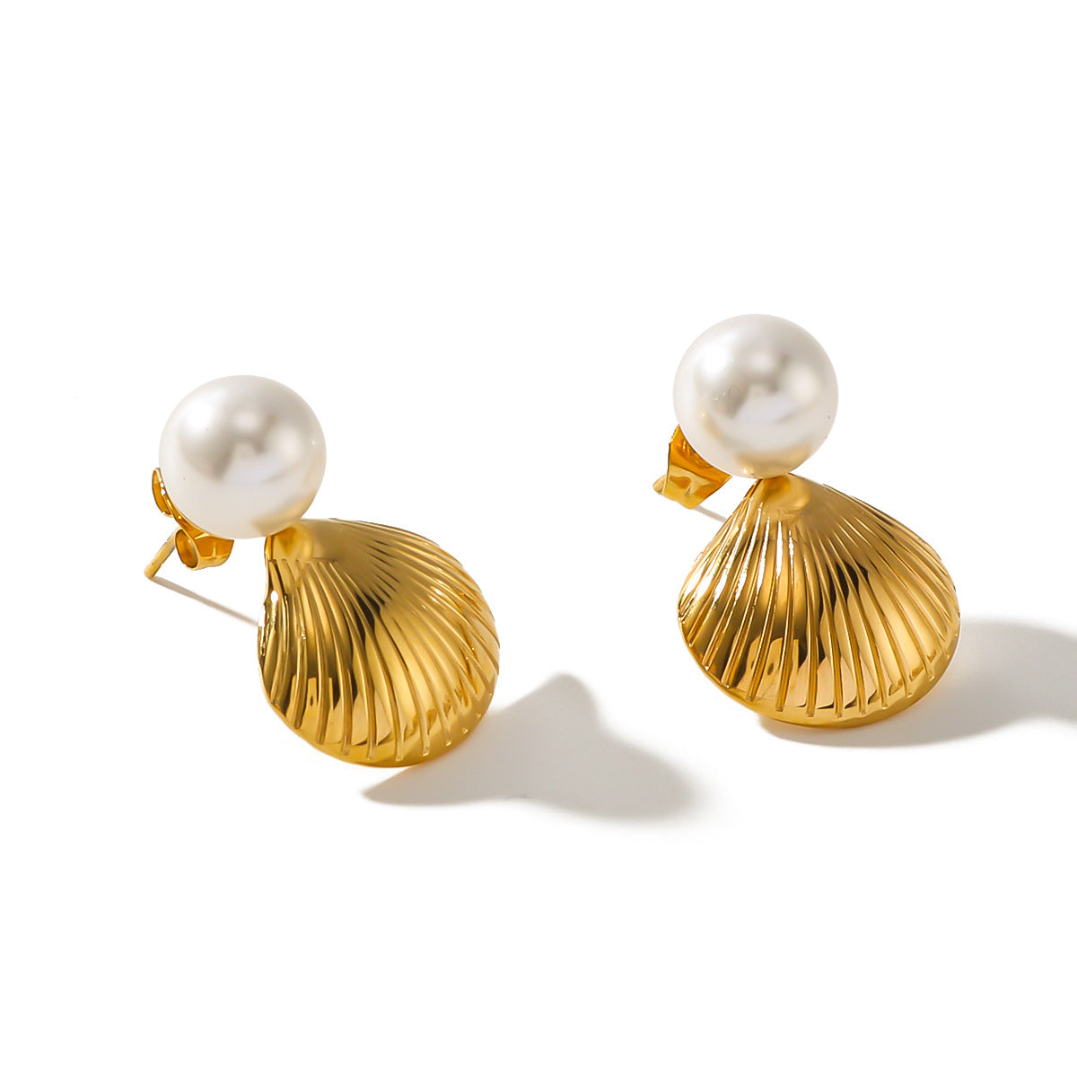 Minimalist Geometric Pearl and Shell Stud Earrings for Women in Stainless Steel with 18K Vacuum Plating