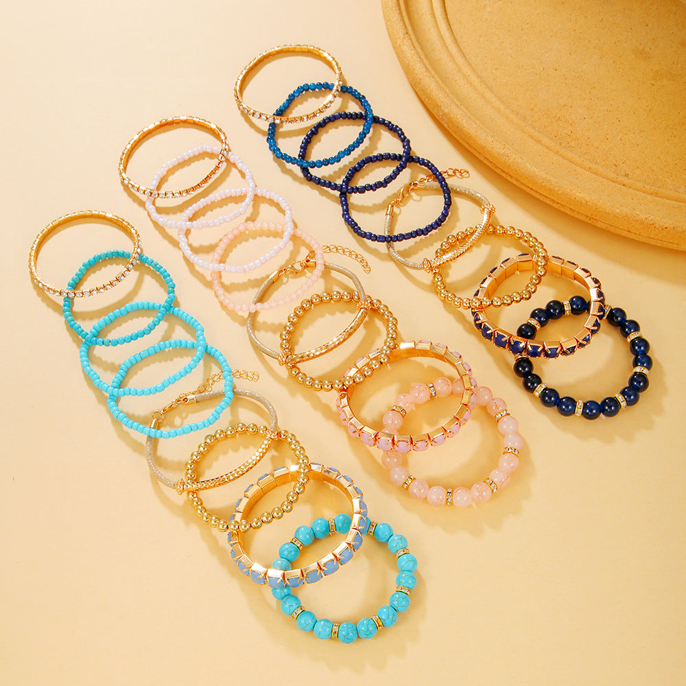 Bohemian Vintage Geometric Round Brass Bracelet Set with Turquoise and Rhinestone Beads