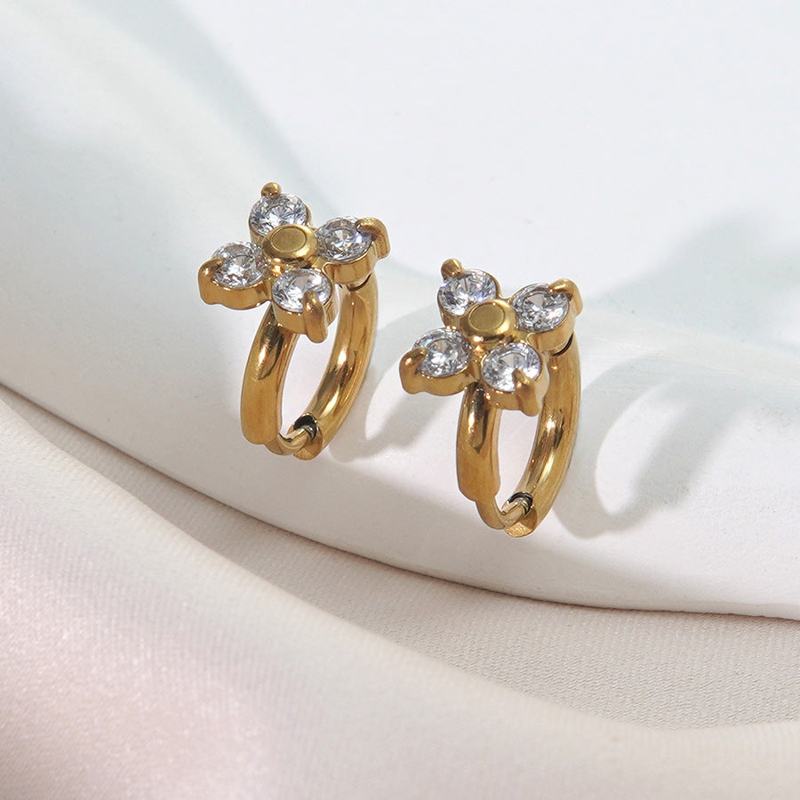 18K Gold Plated Stainless Steel Floral Cubic Zirconia Earrings for Women