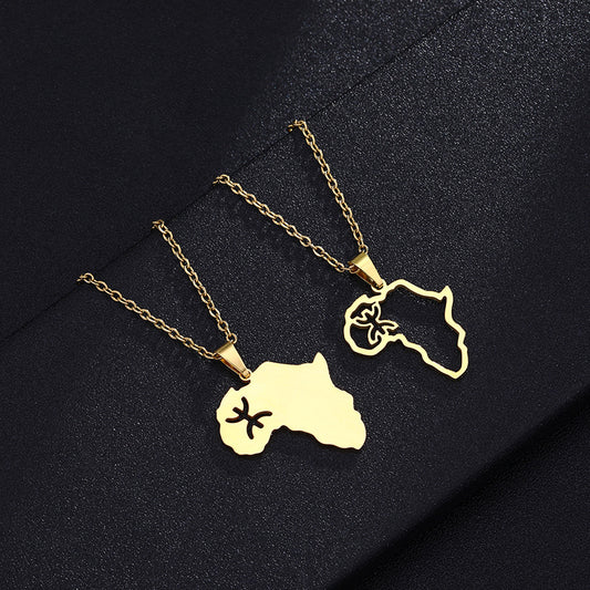 Collar con Colgante de Mapa Geométrico Africano Estilo Tribal Bereber en Acero Inoxidable con Acabado Chapado para Unisex