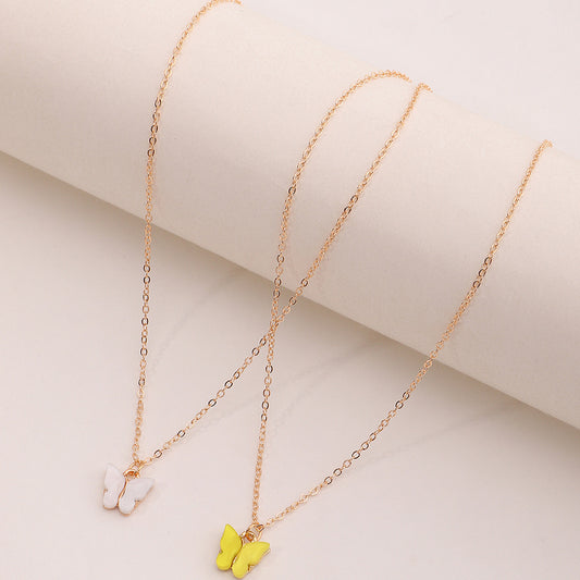 Minimalist Butterfly Pendant Necklace Set for Girls Alloy Box Chain with Micro-Pavé Detailing Adjustable Clavicle Jewelry