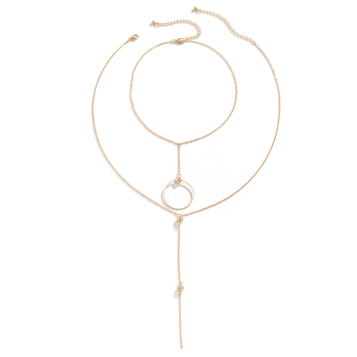 Collana da Donna Minimalista Geometrica a Doppio Strato con Cerchio in Lega e Dettagli Nappa su Catena a Maglie Incrociate