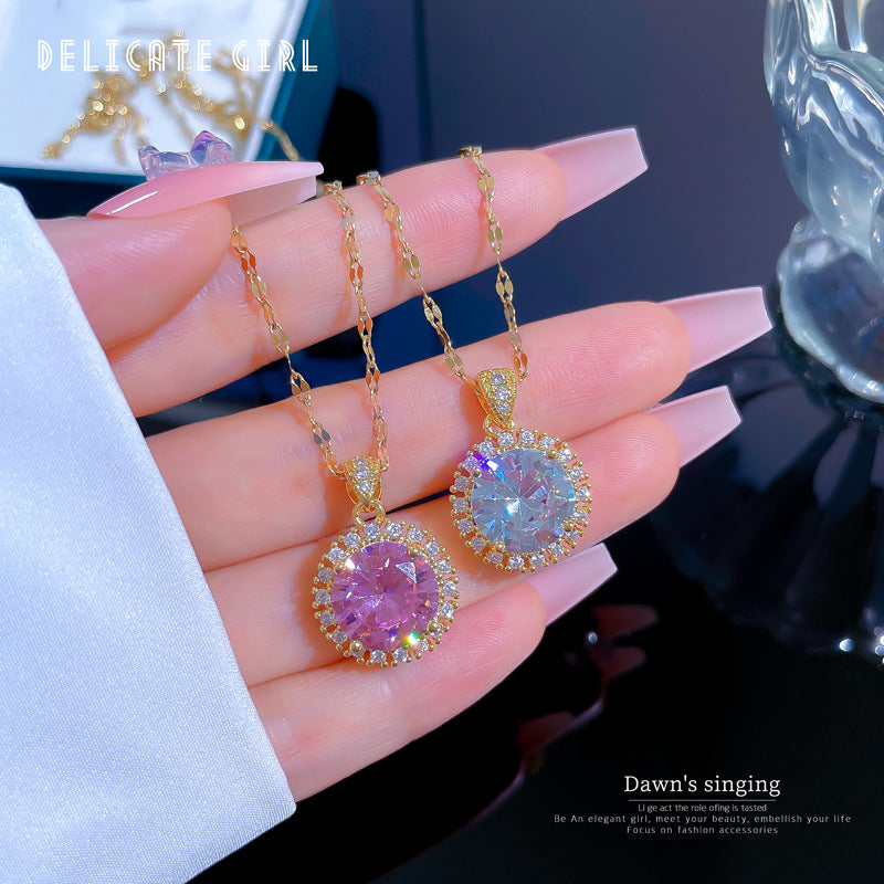 Elegant Titanium Steel Geometric Pendant Necklace for Women with Micro-Paved Rhinestones, Delicate Clavicle Chain