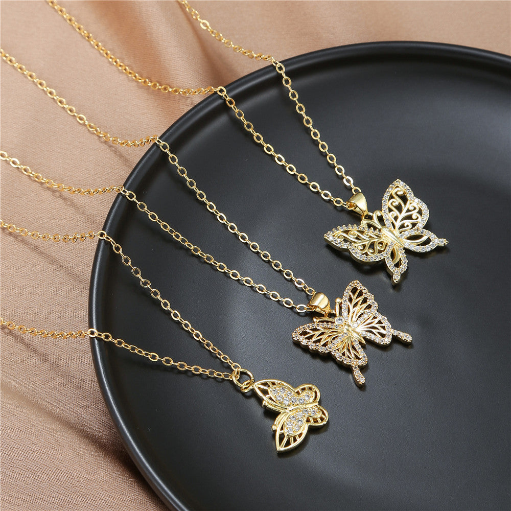 Casual Geometric Butterfly Brass Cubic Zirconia Pendant Necklace Cable Chain