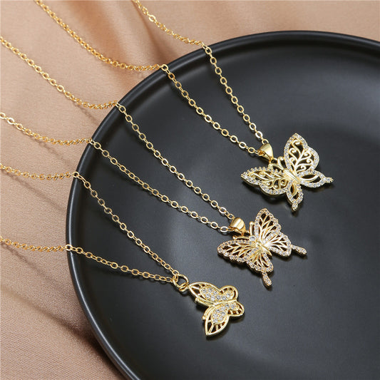 Casual Geometric Butterfly Brass Cubic Zirconia Pendant Necklace Cable Chain