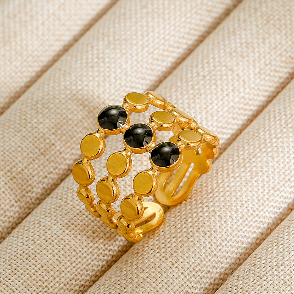 Vintage INS Style Stainless Steel Adjustable Ring with Natural Stone Inlay in Geometric Heart Zodiac and Animal Shapes
