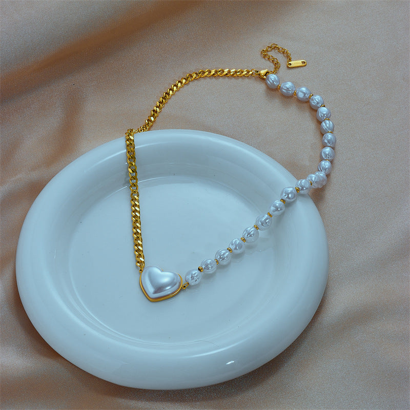 Punk Style Heart-Shaped Titanium Steel Plated Necklace with Pearl-Like Beads and Geometric Chain