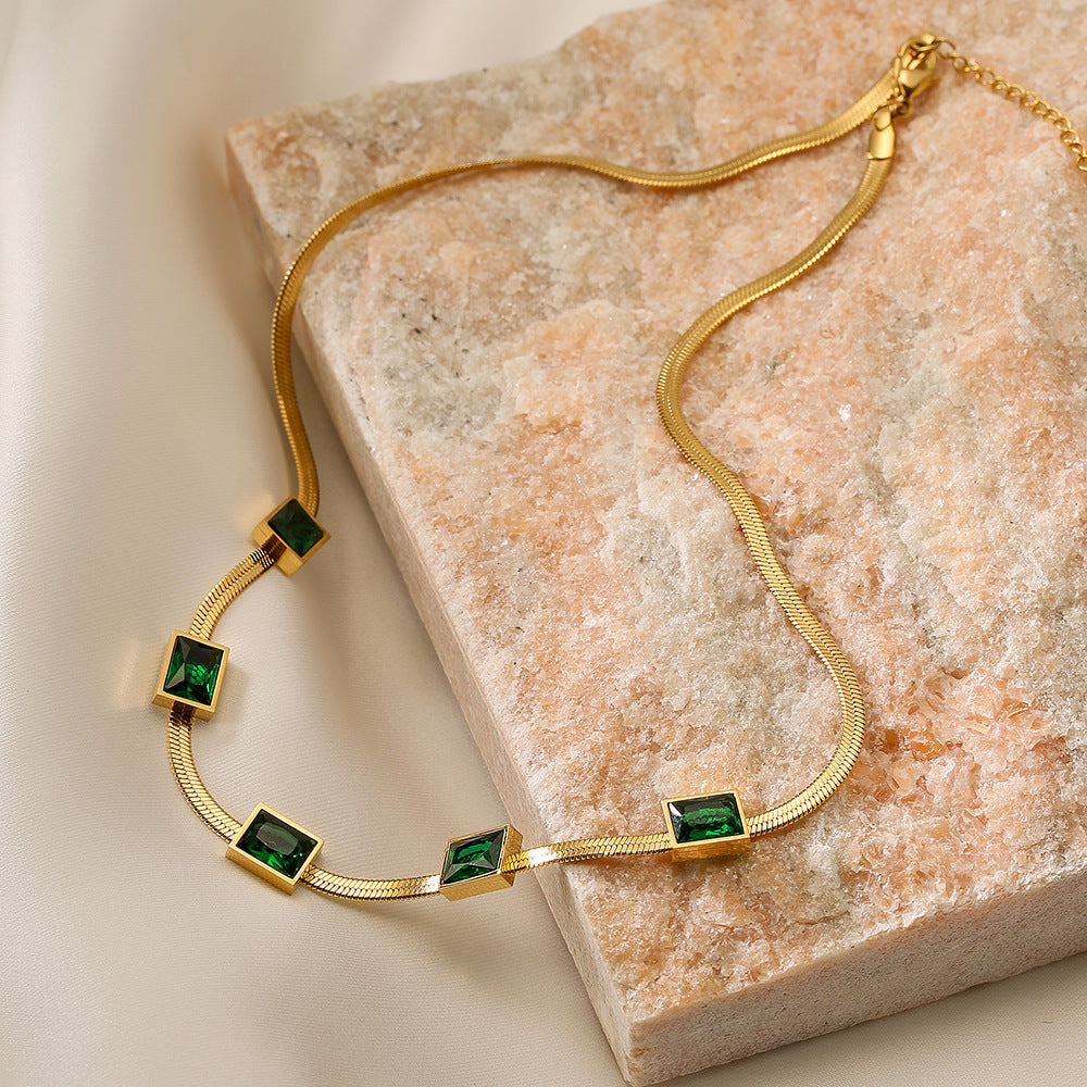 Minimalist Geometric Emerald Zirconia Titanium Steel Snake Chain Necklace for Women