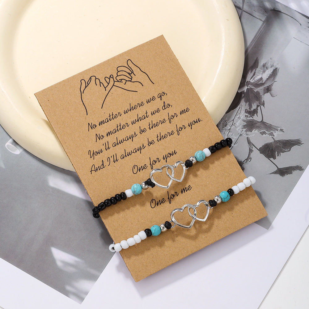 Handmade Braided Geometric Heart Alloy Seed Bead Turquoise Bracelet Set Unisex