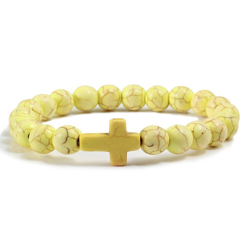 Natural Turquoise Cross Beaded Bracelet 8mm Round Stone Unisex Handmade Jewelry
