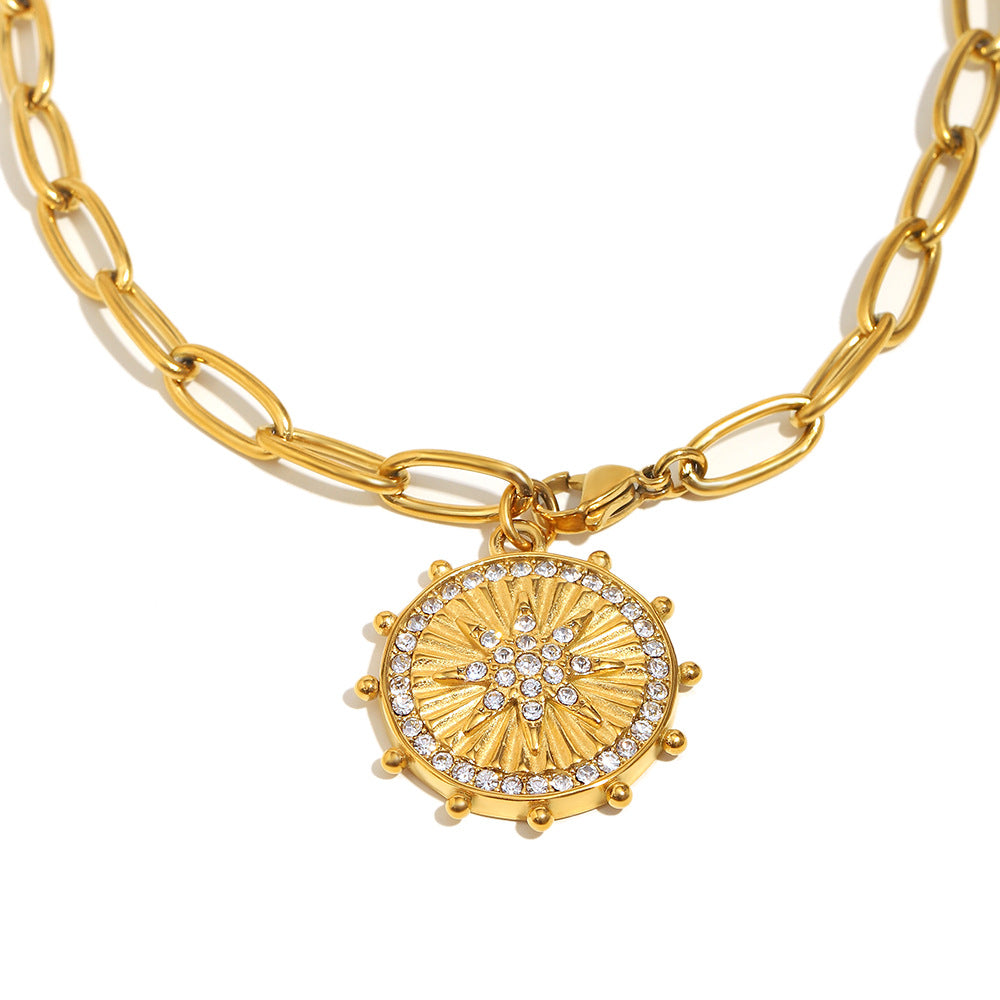 Collana con pendente a moneta a stella a otto punte placcato oro 18 carati in acciaio inossidabile con motivo geometrico vintage chic da donna