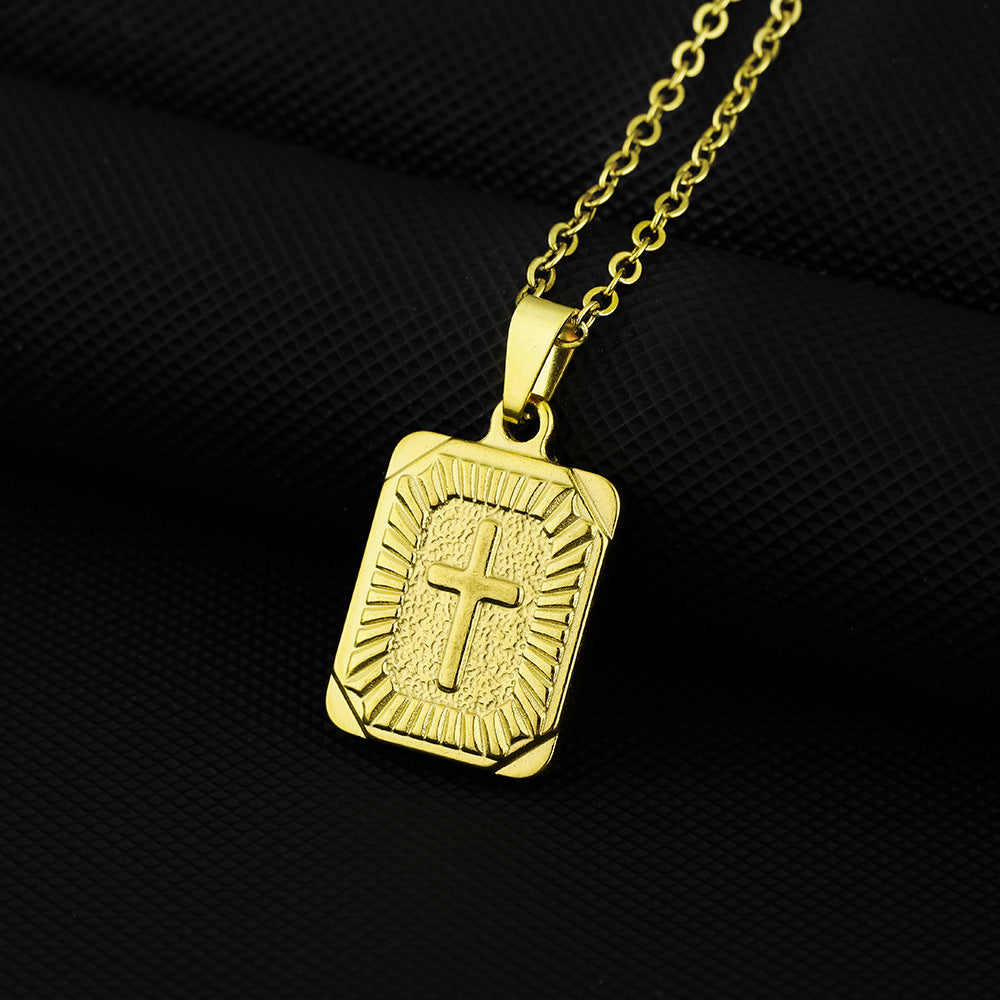 Collana con Pendente a Croce Minimalista in Acciaio Inossidabile con Finitura Placcata su Catena a O Unisex