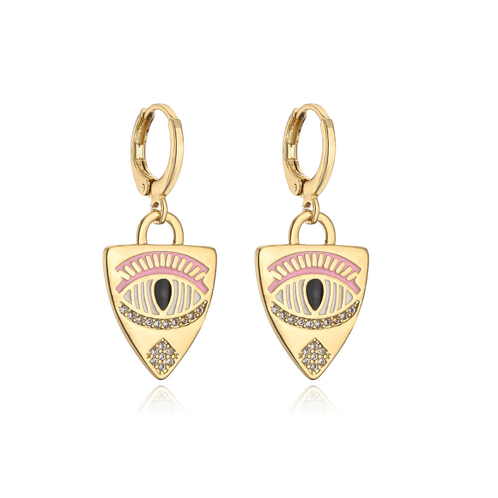 Orecchini geometrici minimalisti in rame placcati in oro 18 carati con dettaglio smaltato a forma di occhio da donna