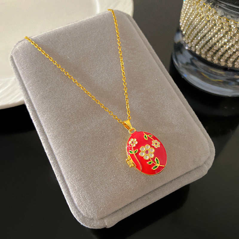 Vintage Drip Oil Floral Heart Oval Pendant Gold Plated Brass Necklace for Women