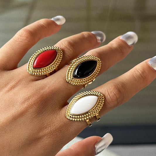 Anello aperto esagerato da donna in acciaio inossidabile placcato oro 18 carati con onice nero