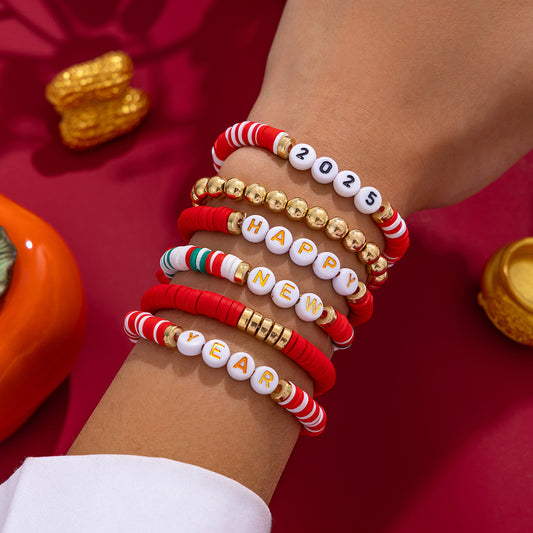 Braccialetti elasticizzati geometrici in stile vacanza con lettere e perline per donne, set di braccialetti fatti a mano in argilla polimerica con perline colorate in argilla morbida
