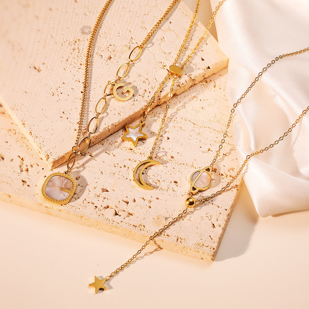 Minimalist Geometric Star and Moon Pendant Necklace for Women with Titanium Steel Chain and Genuine Gold Plating, Inlaid with Shell
