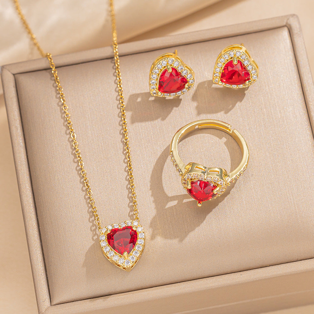 Luxury Minimalist Heart-Shaped Zirconia-Set Titanium Steel Necklace Set for Women with Earrings and Bracelet