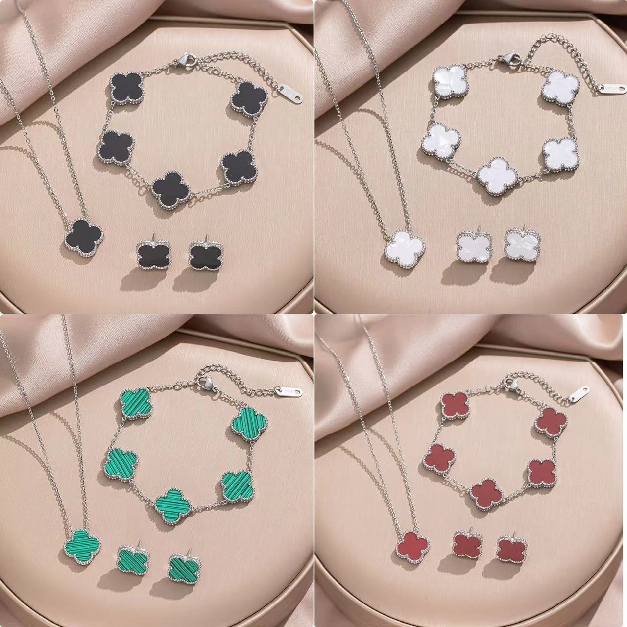 Minimalist Clover-Shaped Titanium Steel Necklace Set with Matching Bracelet and Earrings for Women