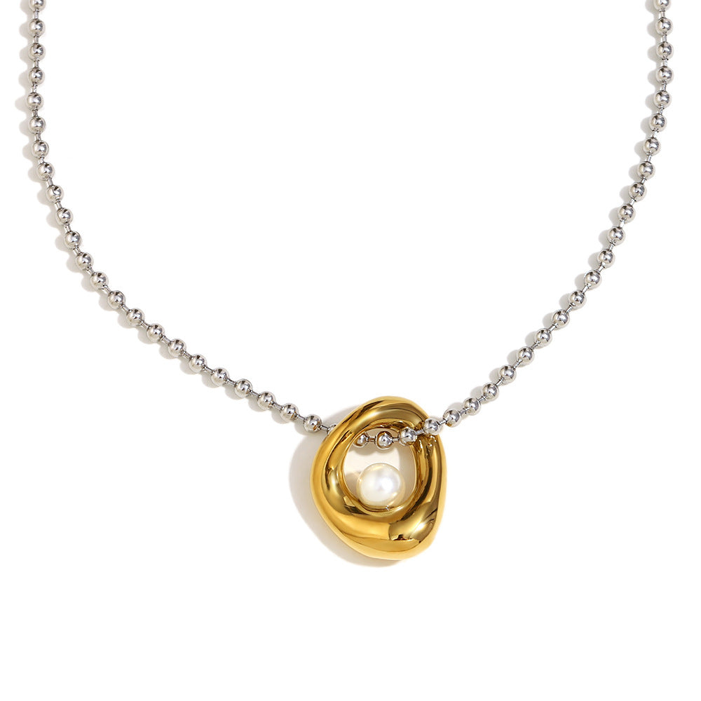 Minimalist Geometric U-Shaped Pendant Necklace for Women Stainless Steel with 18K Gold Plating Round Bead Chain