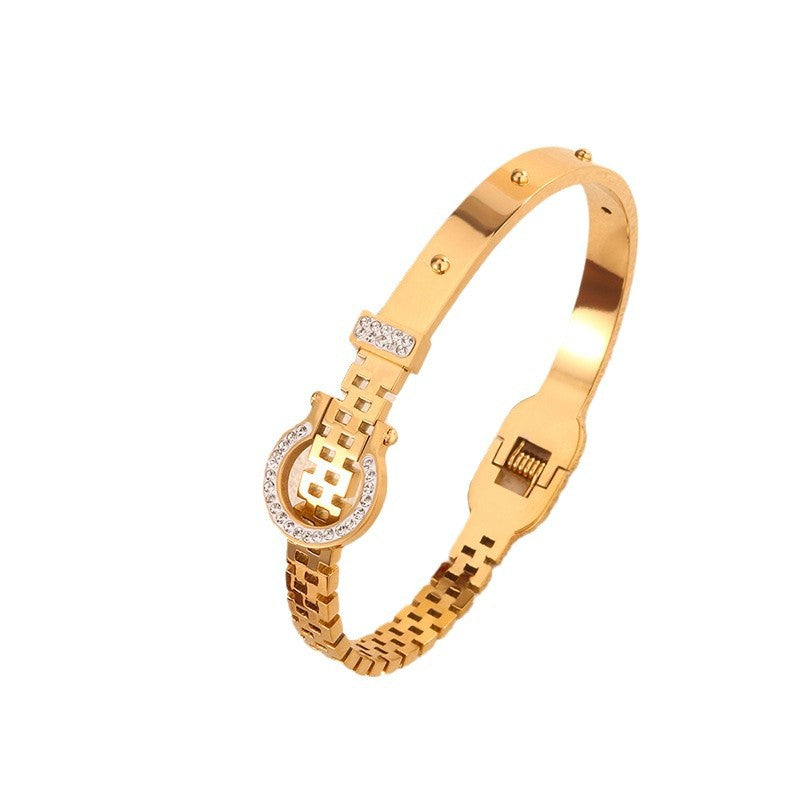 Braccialetto da donna in acciaio inossidabile con fibbia geometrica placcata e strass