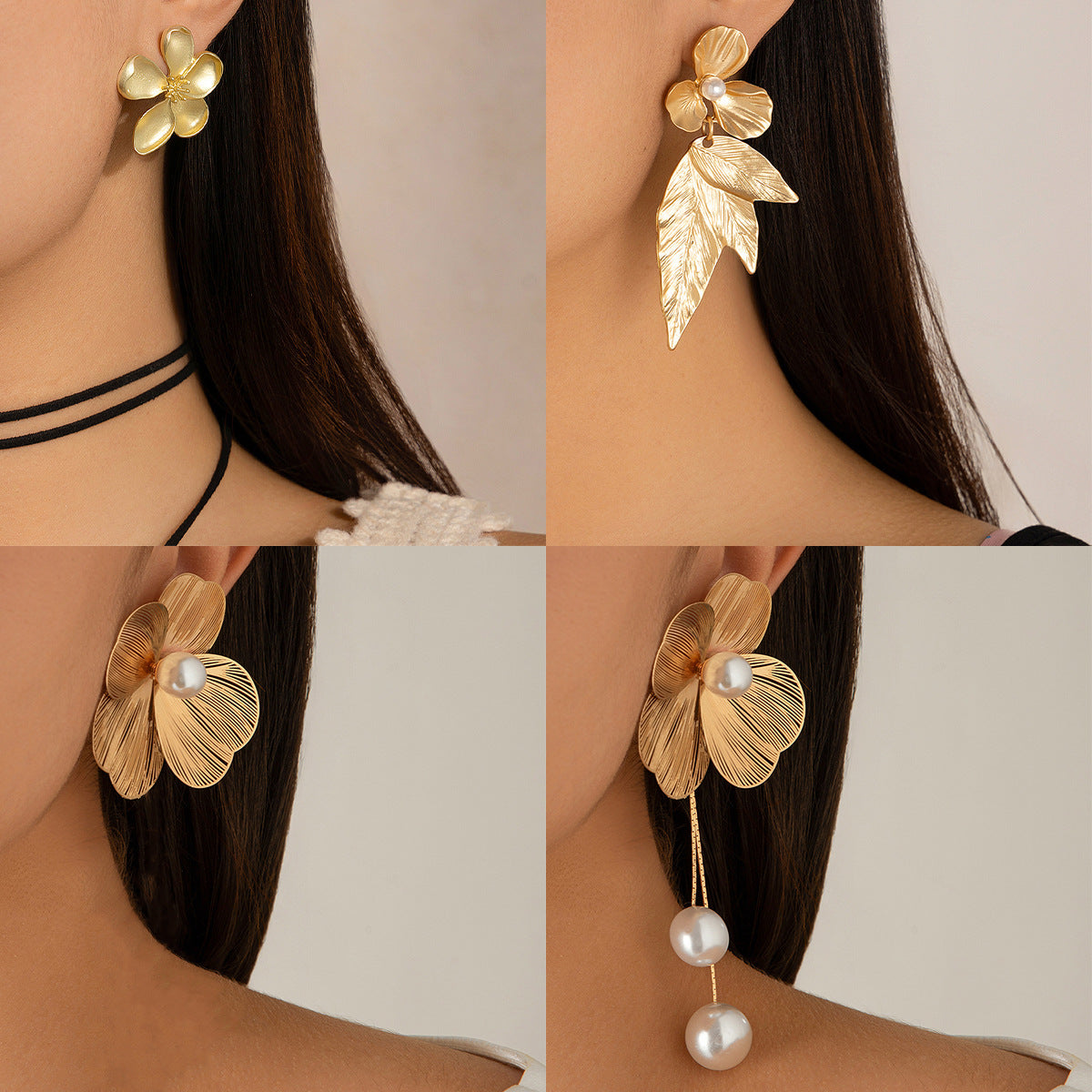Pendientes de botón florales de hoja de ginkgo plateados, dulces y atrevidos, con detalles colgantes de perlas de imitación